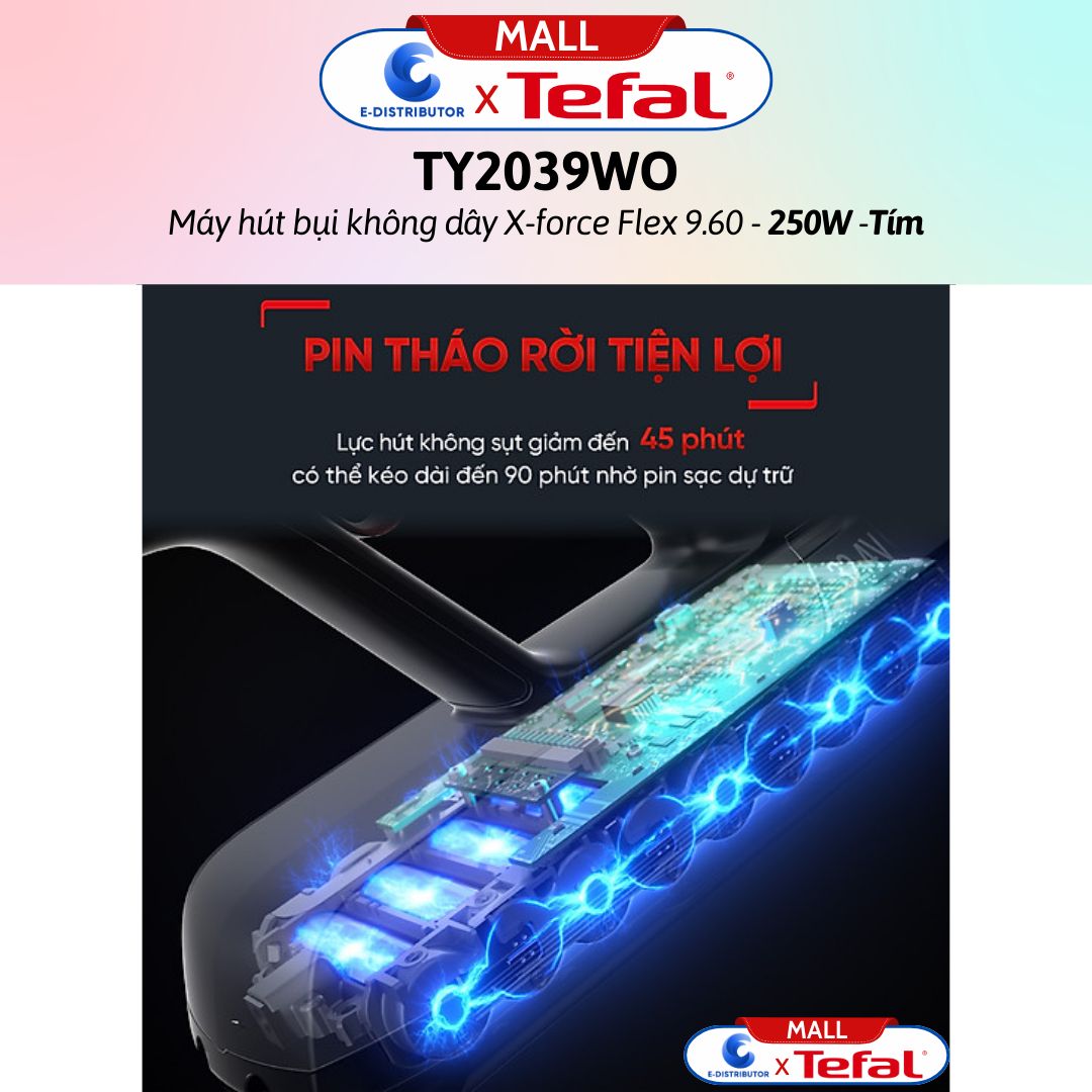 Máy hút bụi không dây X-force Flex 9.60 TY2039WO - Tím - Hàng Chính Hãng - - Công suất: 250W - Đầu hút: 100AW - Thời lượng pin: 45 phút