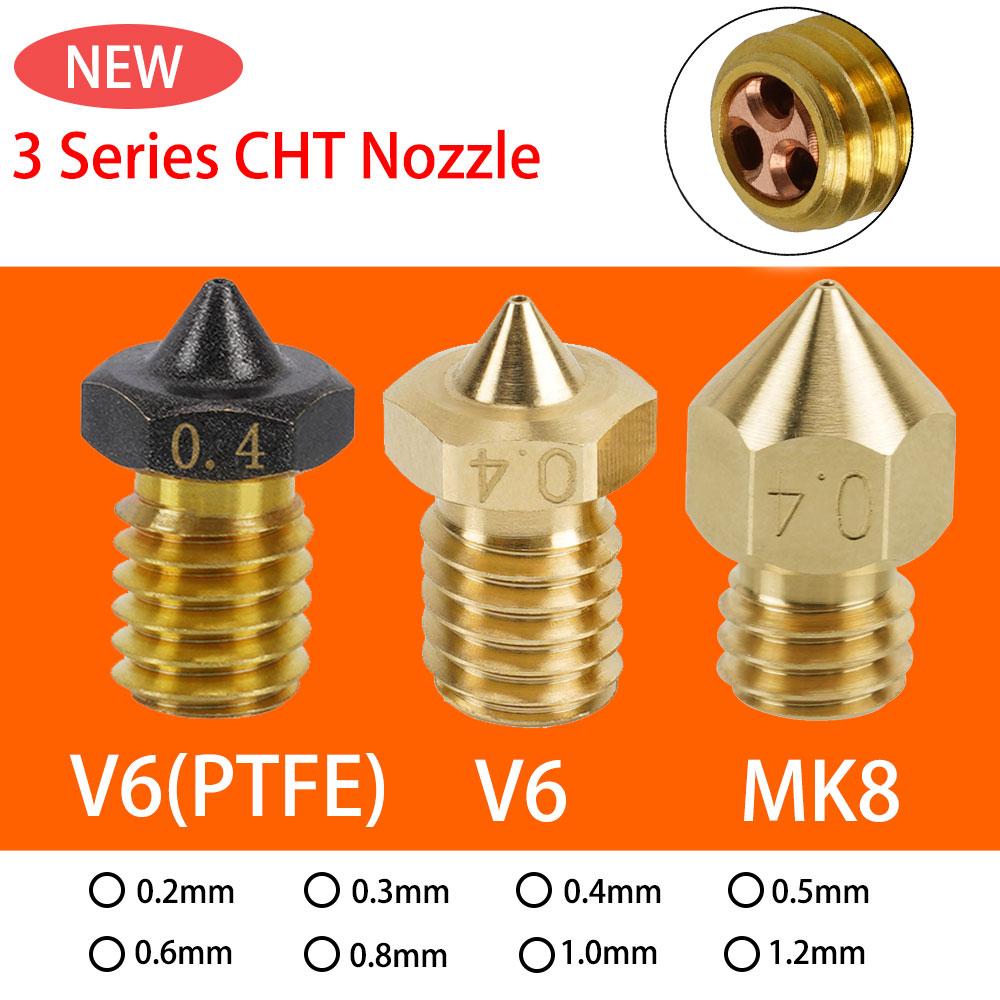 Nốt CHT mới nhất E3D V6/MK8 V6 PTFE Brass Verzzles 0,2/0,3/0,4/0,6mm Máy đùn dòng chảy cao cho máy in 3D 1,75mm Ender 3