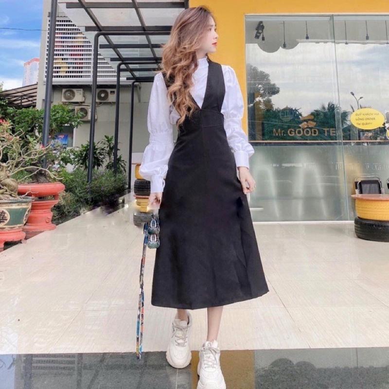 Sét Váy Yếm Ulzzang Phong Cách Hàn Quốc Kèm Áo Sơ Mi