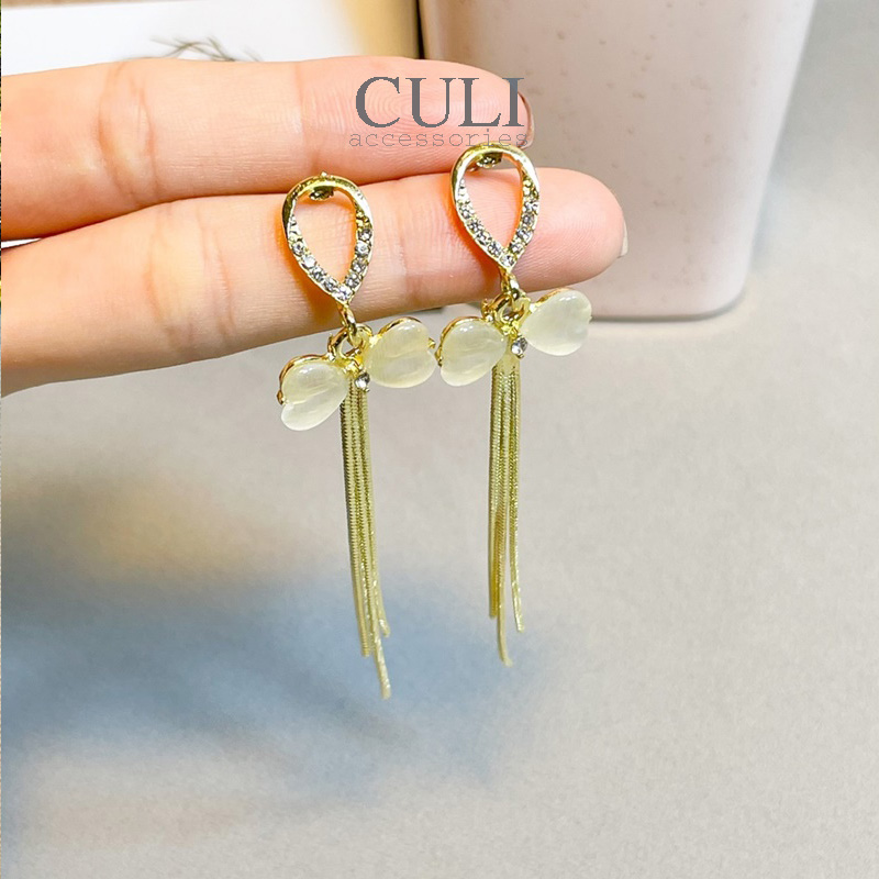 Khuyên tai dáng dài tua rua, hình nơ kết xà cừ HT609 - Culi accessories