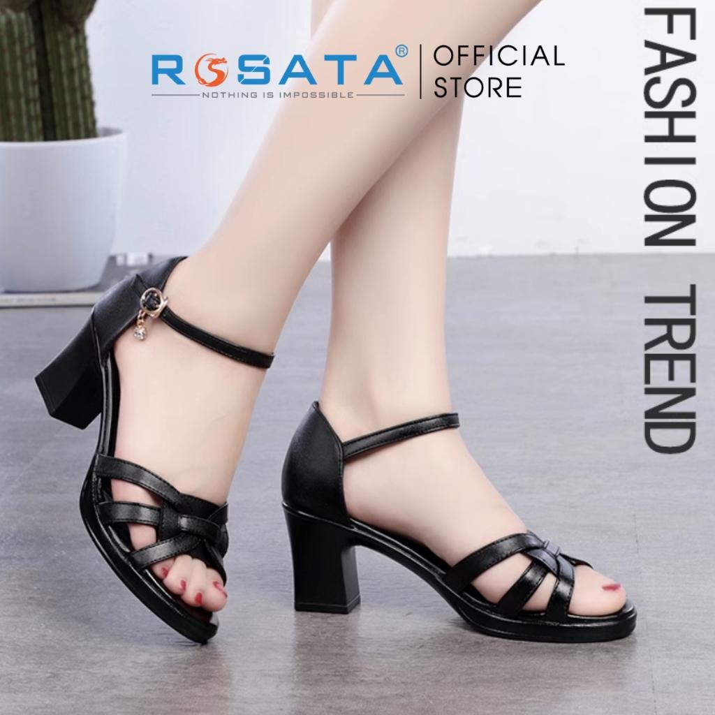 Giày sandal cao gót nữ ROSATA RO450  xỏ ngón phối dây mũi tròn quai cài mảnh gót vuông cao 7cm xuất xứ Việt Nam