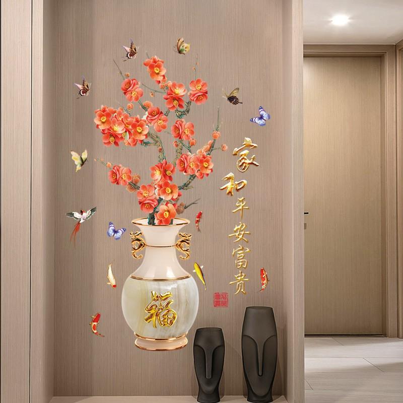Decal dán tường Bình hoa đào đỏ 3D to nhất