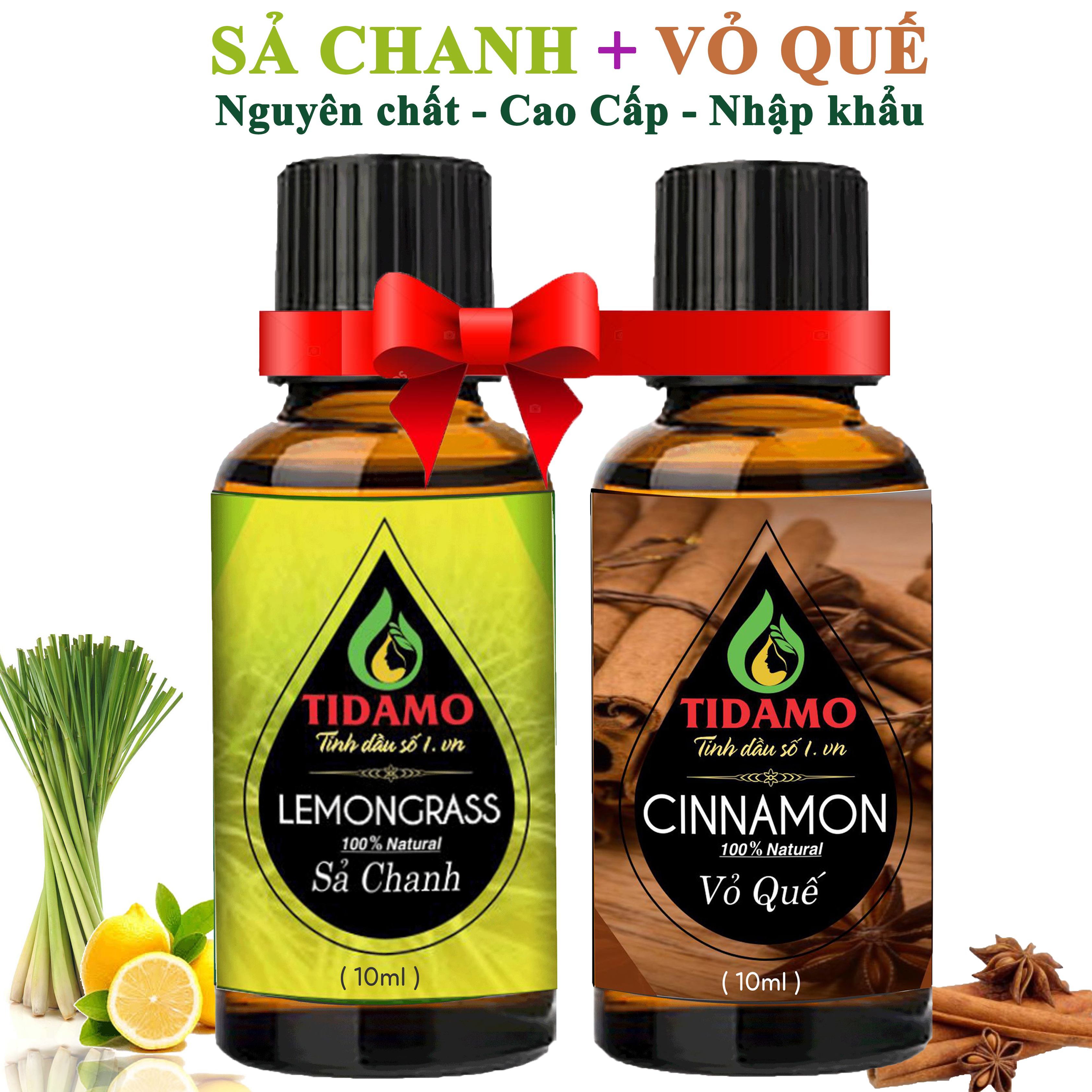 Combo 2 Tinh Dầu Sả Chanh + Tinh Dầu Vỏ Quế TIDAMO Nguyên Chất Nhập Khẩu - Tinh Dầu Xông Phòng Cao Cấp Giúp Thư Giãn, Thơm Phòng, Bảo Vệ Sức Khỏe và Đuổi Muỗi (2 chai 10ML)