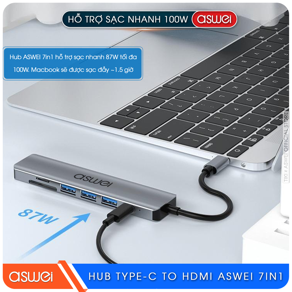 Hub Type C ASWEI 7 in 1 To HDMI, USB 3.0, SD, TF, USB-C, PD 100W - Hàng Chính Hãng