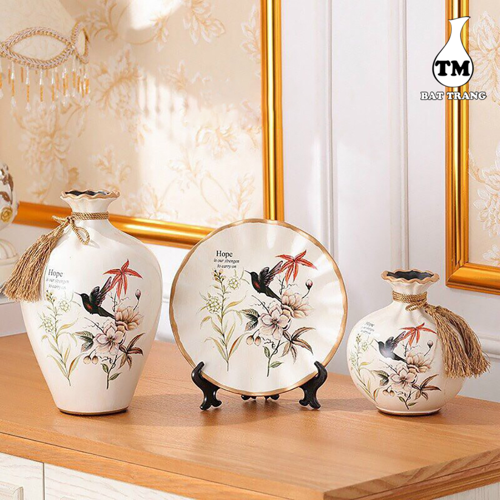 Set 3 Bình Hoa Xưởng Gốm TM Bát Tràng Họa Tiết Gốm Sứ Decor Cao Cấp (Giao mẫu ngẫu nhiên