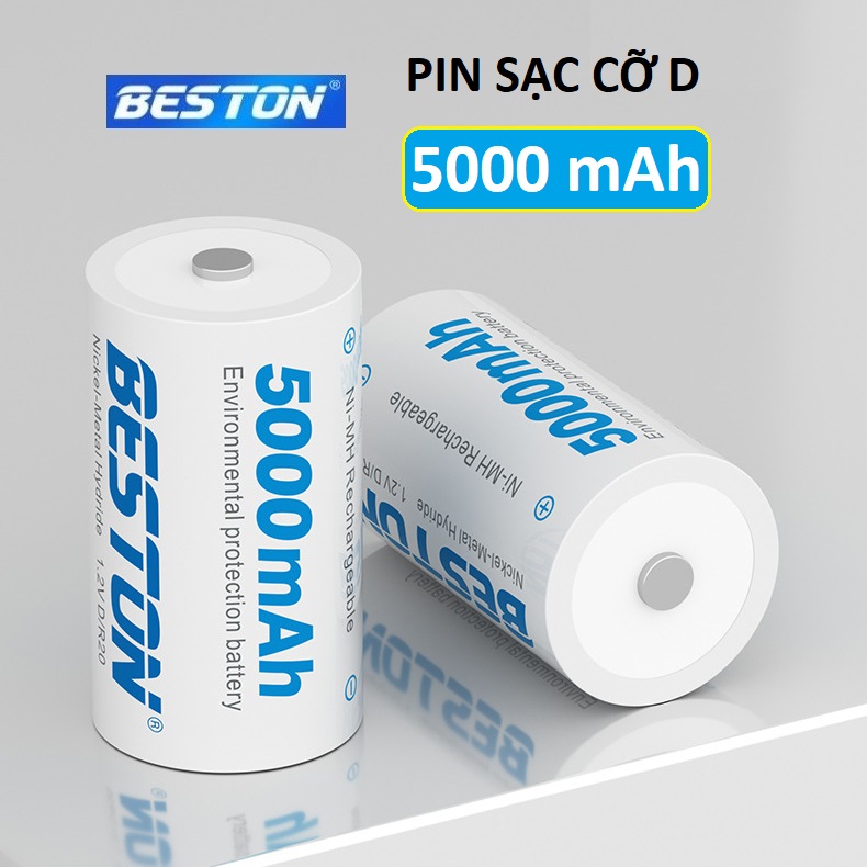 Pin D sạc BESTON 5000mAh - Vỉ 2 pin đại dùng cho bếp ga, đèn pin, thiết bị công nghiệp, thay thế pin Con Ó - Hàng nhập khẩu