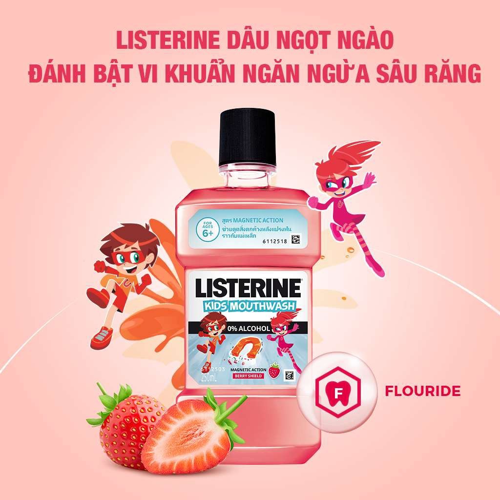 Bộ 3 chai Nước Súc Miệng Listerine Kids Mouthwash with berry shield Dành Riêng Cho Trẻ Trên 6 Tuổi 250ml/chai