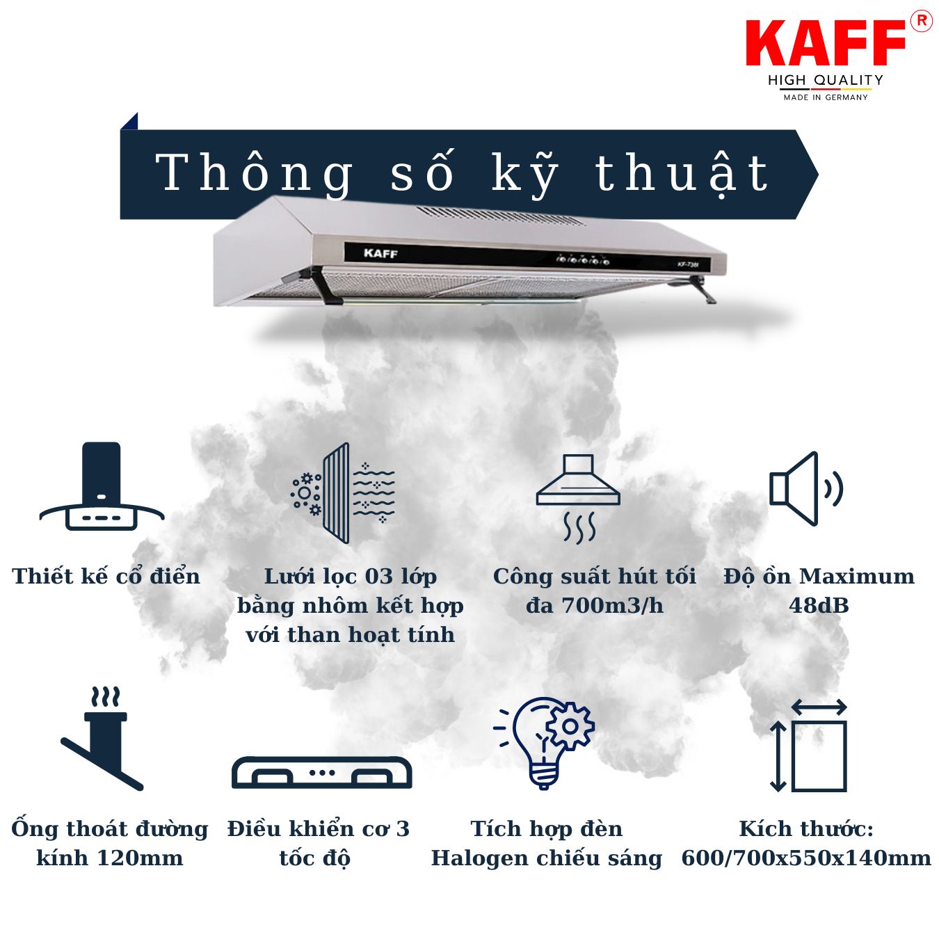 Máy hút mùi cổ điển inox 600mmm KAFF KF-638I Tặng bộ lọc than thay thế - Hàng Chính Hãng