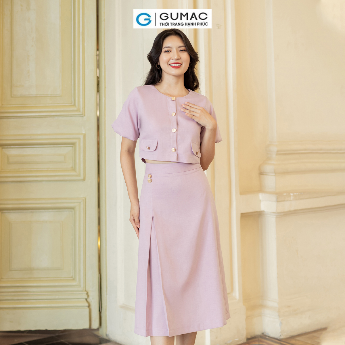 Set lẻ Áo ngắn tay bí thời trang GUMAC AD07011 - Chân váy A xếp ly thời trang GUMAC VD07012