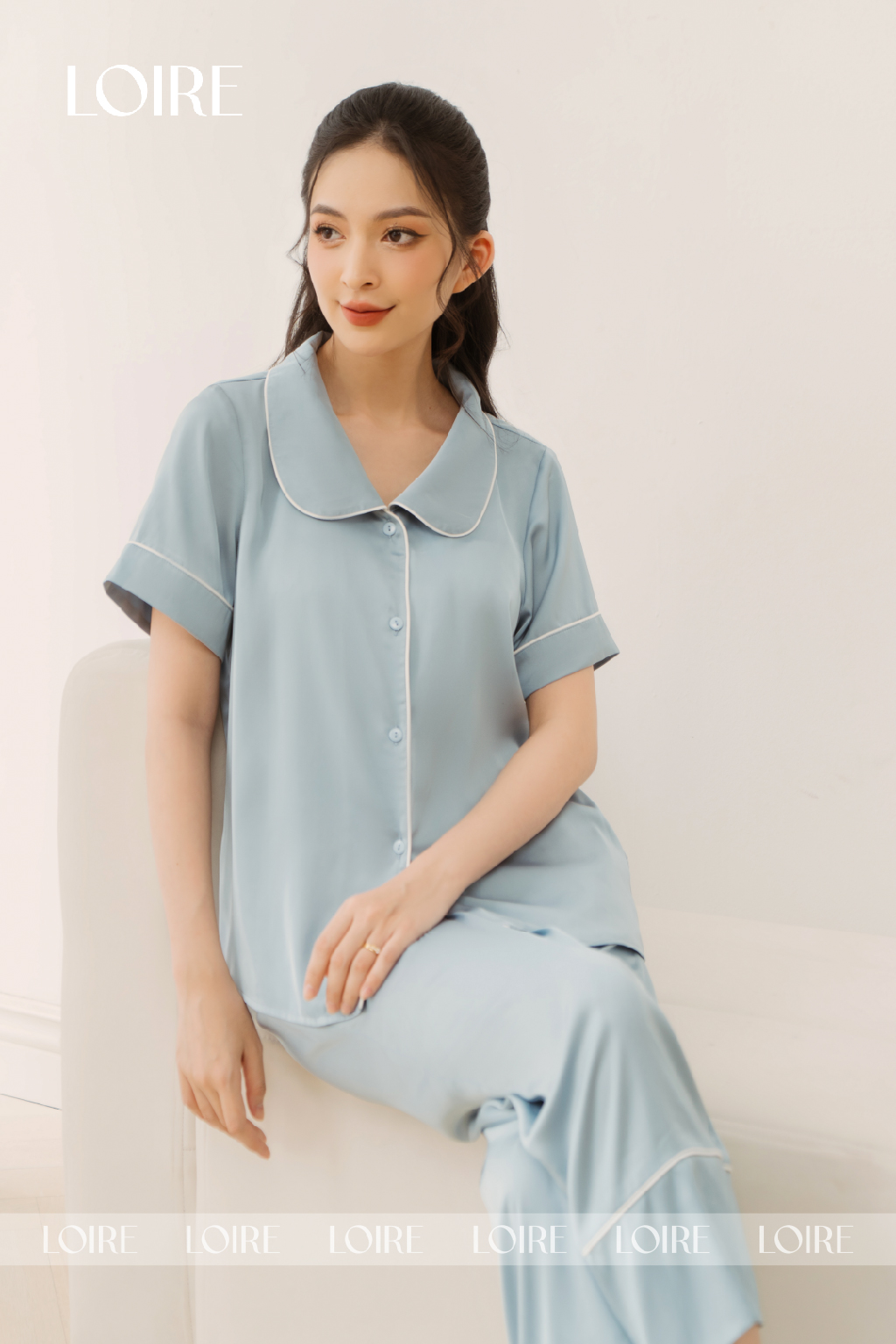 Bộ Pijama Lụa Cổ Sen Tròn Basic Loirechic LPN26