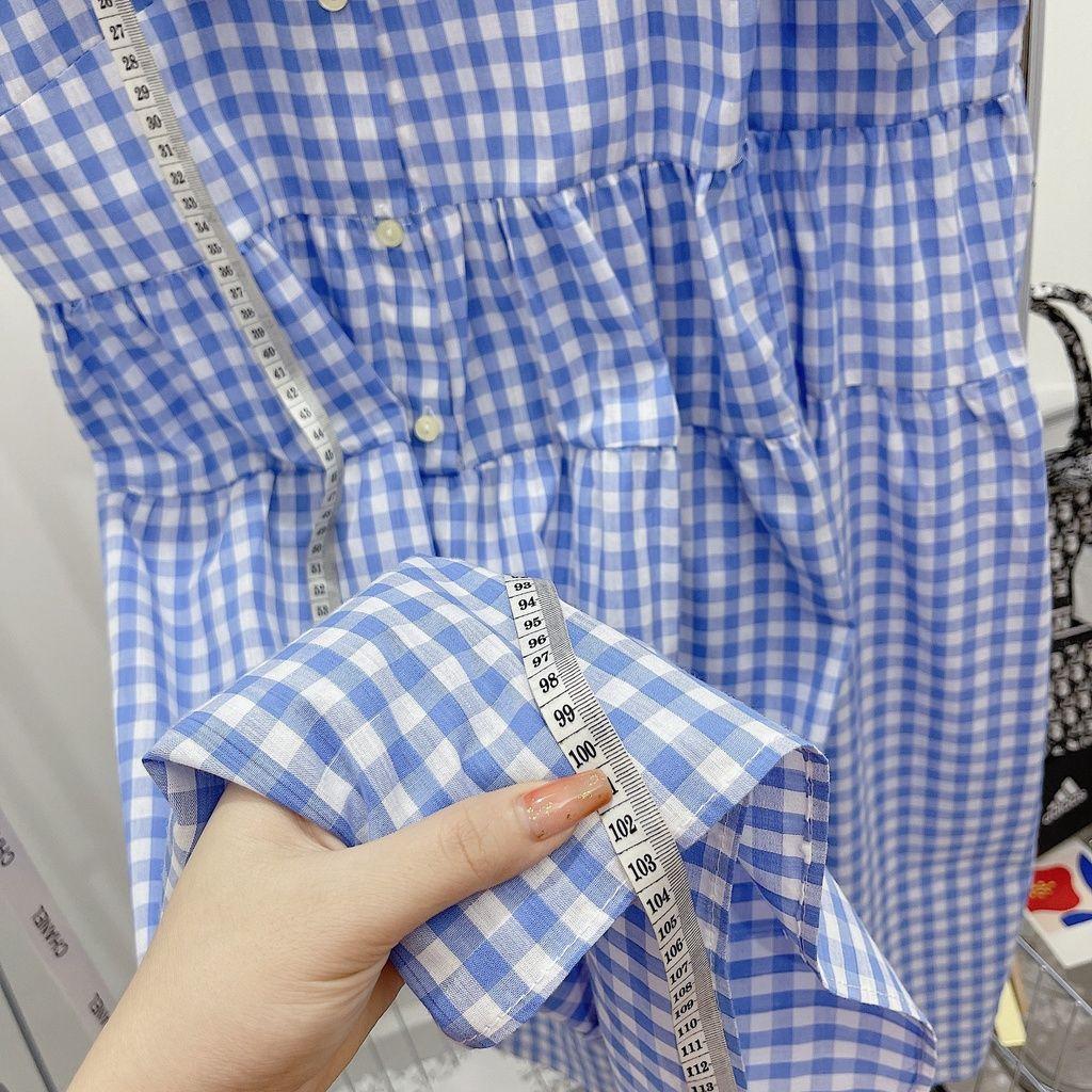 Đầm Nữ Caro Xanh Cộc Tay Khuy Cài Dáng Xòe năng động đi làm, đi chơi, du lịch hay đi dạo đều hợp Q087