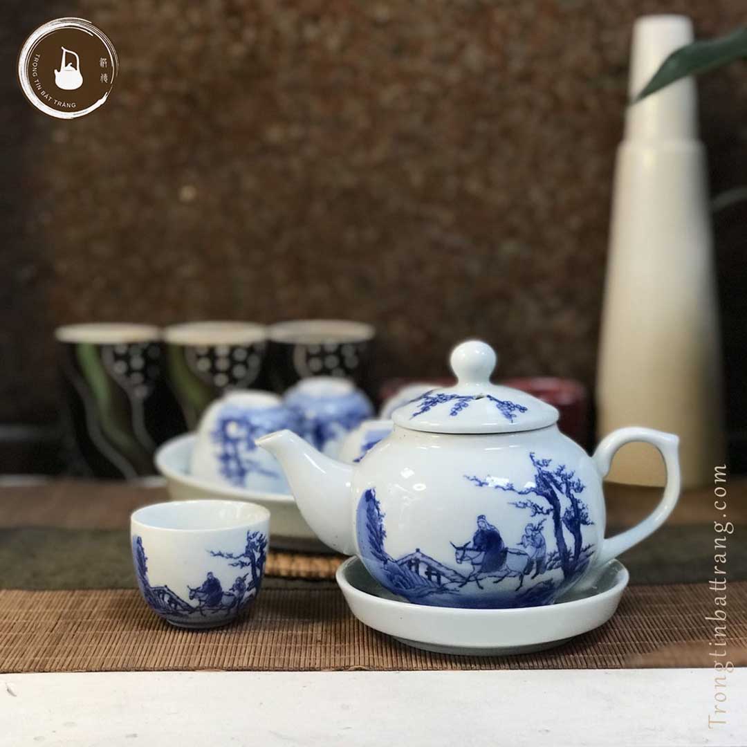 Bộ Ấm Chén Trà Đạo Gốm Trắng Men Lam Bát Tràng Tiêu Dao Dáng Tiêu Anh Dung Tích 230ml ATA 02