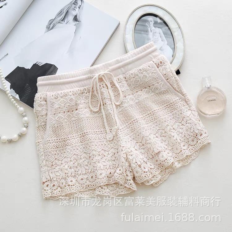 MS608 Quần short nữ ren hoa đan móc cạp chun đi biển