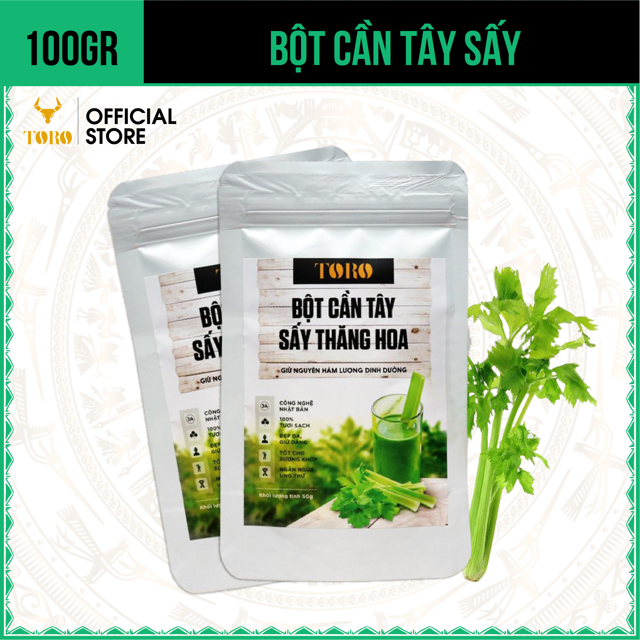 Bộ 2 Bột Cần Tây Sấy Lạnh Toro Nguyên Chất 100% | 50GR/Hũ | TORO FARM