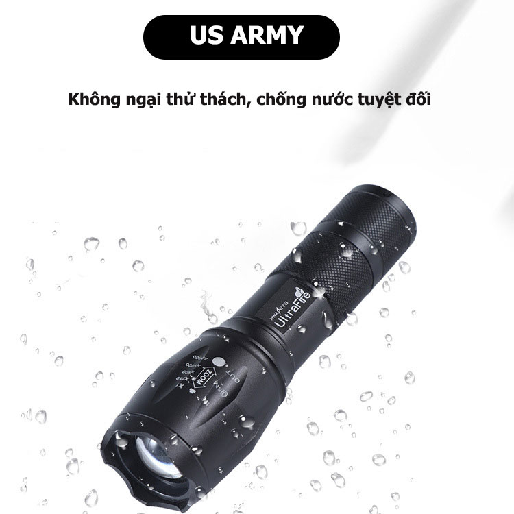 Đèn Pin Siêu Sáng US ARMY Mã XML-T6 Cao Cấp Vỏ Hợp Kim Chống Nước Sử Dụng Pin Có Thể Sạc Lại Tặng Hộp Full Box- HÀNG CHÍNH HÃNG