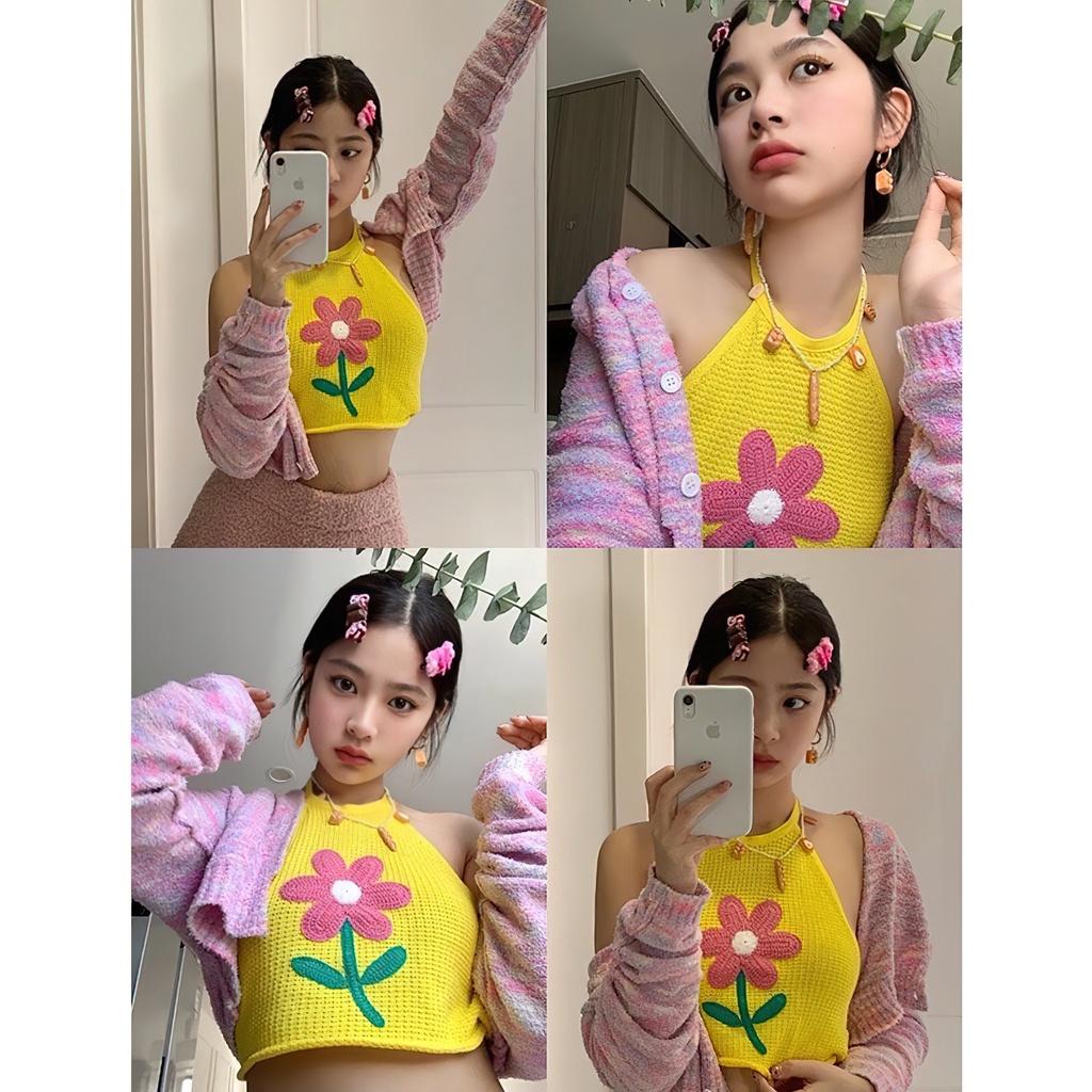 Áo croptop kiểu nữ 3 lỗ ôm body cổ yếm không tay len dệt kim bông hoa phía sau cột dây màu vàng