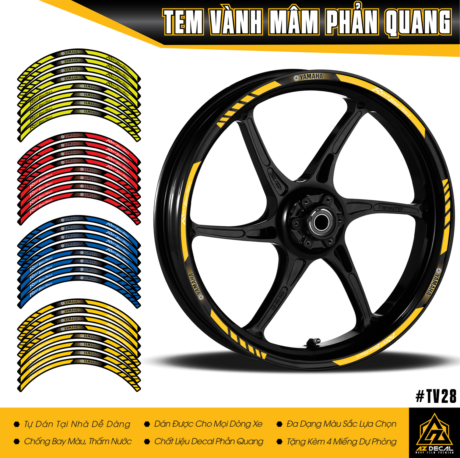 Tem Dán Mâm Xe Yamaha Phản Quang Xe Mẫu RYH 02 | TV28 | Decal Vành Chính Hãng Dán 2 Bánh Xe