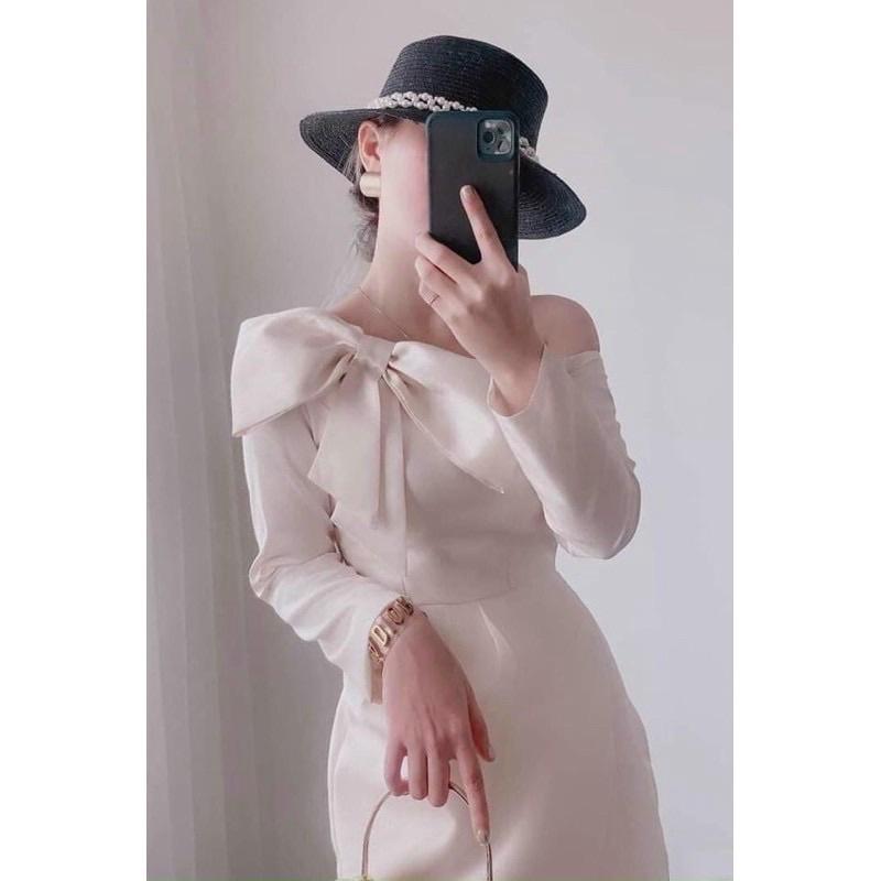 Đầm nude lệch vai xẻ tà chéo nơ chéo duyên dáng sang chảnh kèm