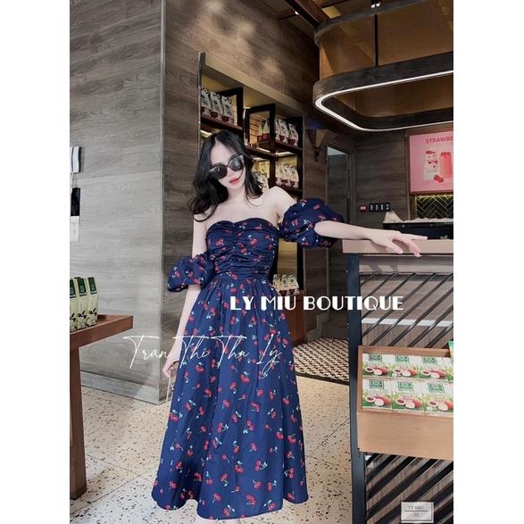 Váy đầm hoa trễ vai tay bồng maxi