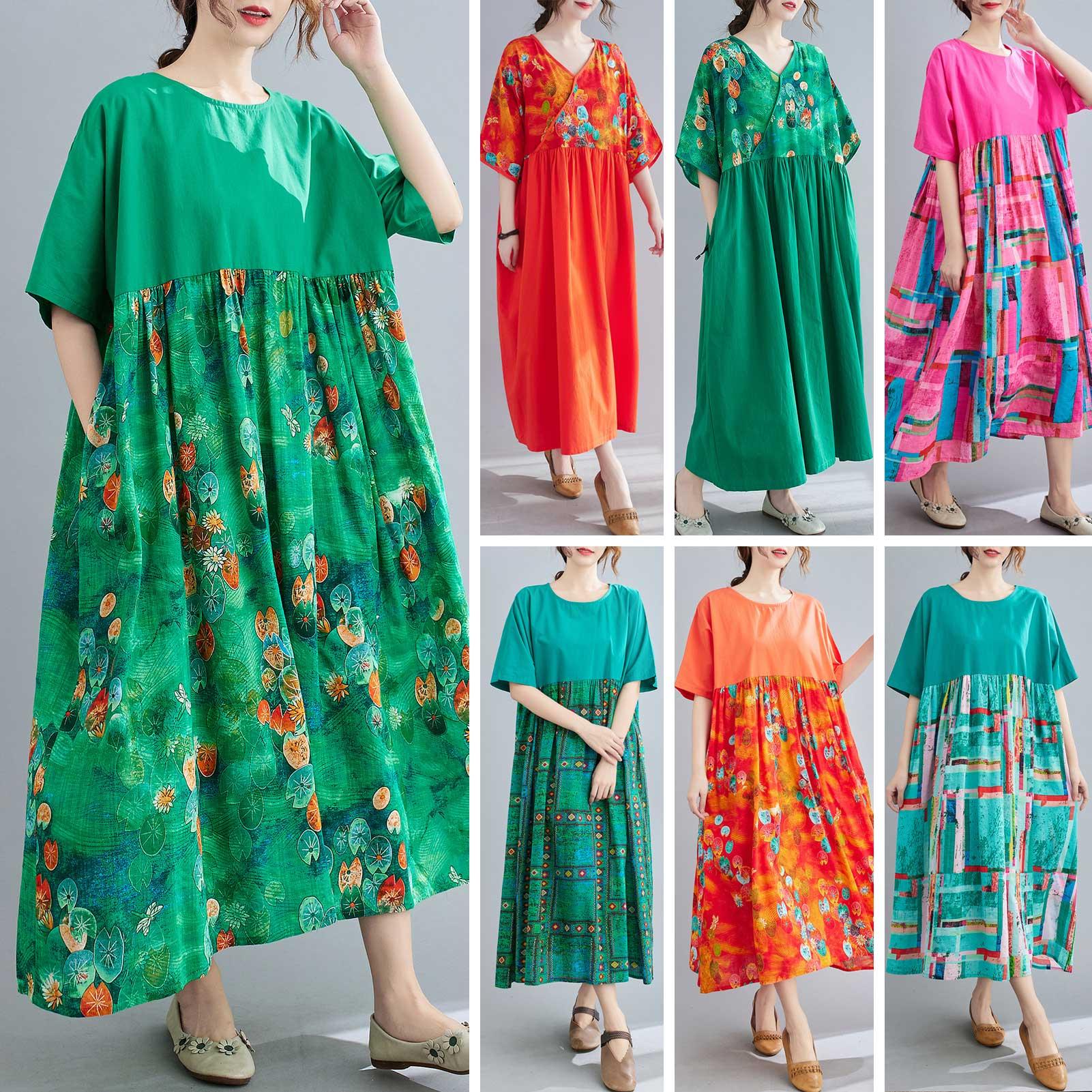 Vintage Women Cotton Linen Dress Print Splicing V Neck Wrapover Short Sleeve Pocket Casual Loose Oversized Maxi Dress