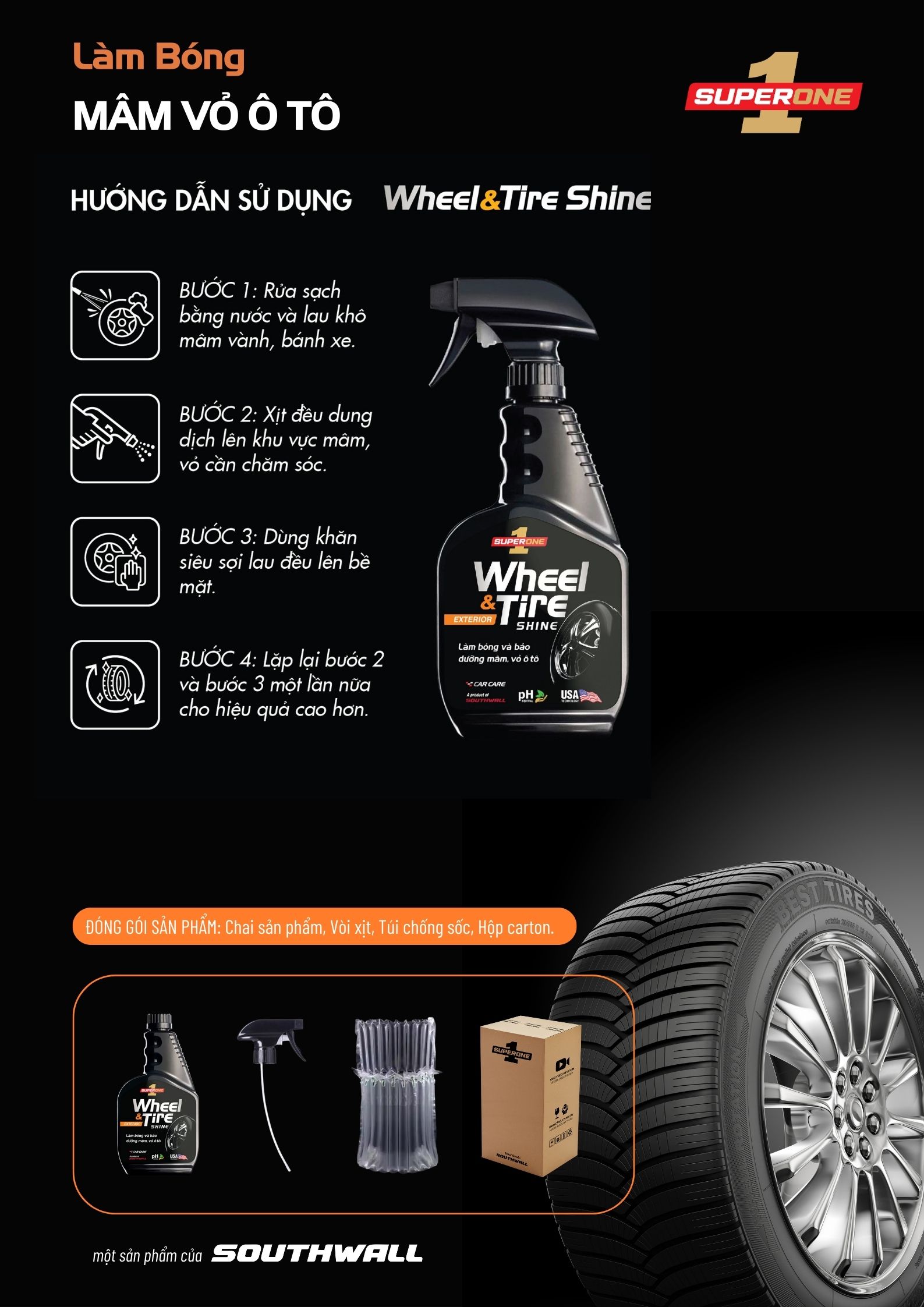 Dung Dịch Làm Bóng Mâm Và Vỏ Ô Tô SUPERONE  Wheel and Tire Shine - EXTERIOR SOUTHWALL A205