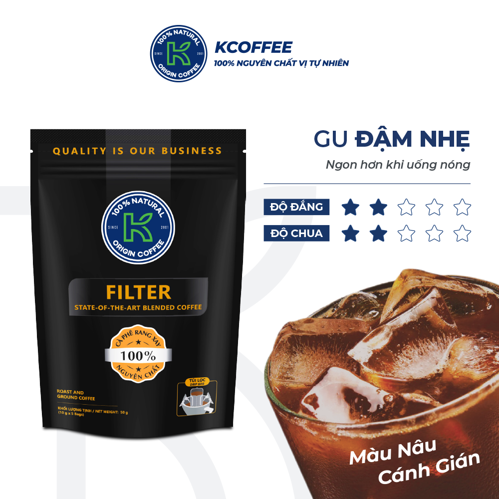 Cà phê phin giấy K Coffee 100% Robusta Arabica cà phê nguyên chất 50g (Túi 5 gói x 10g)