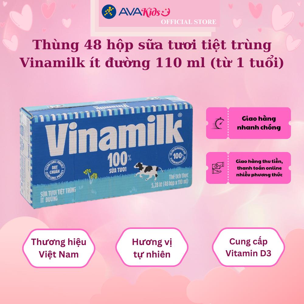 Thùng 48 hộp sữa tươi tiệt trùng Vinamilk ít đường 110 ml (từ 1 tuổi)