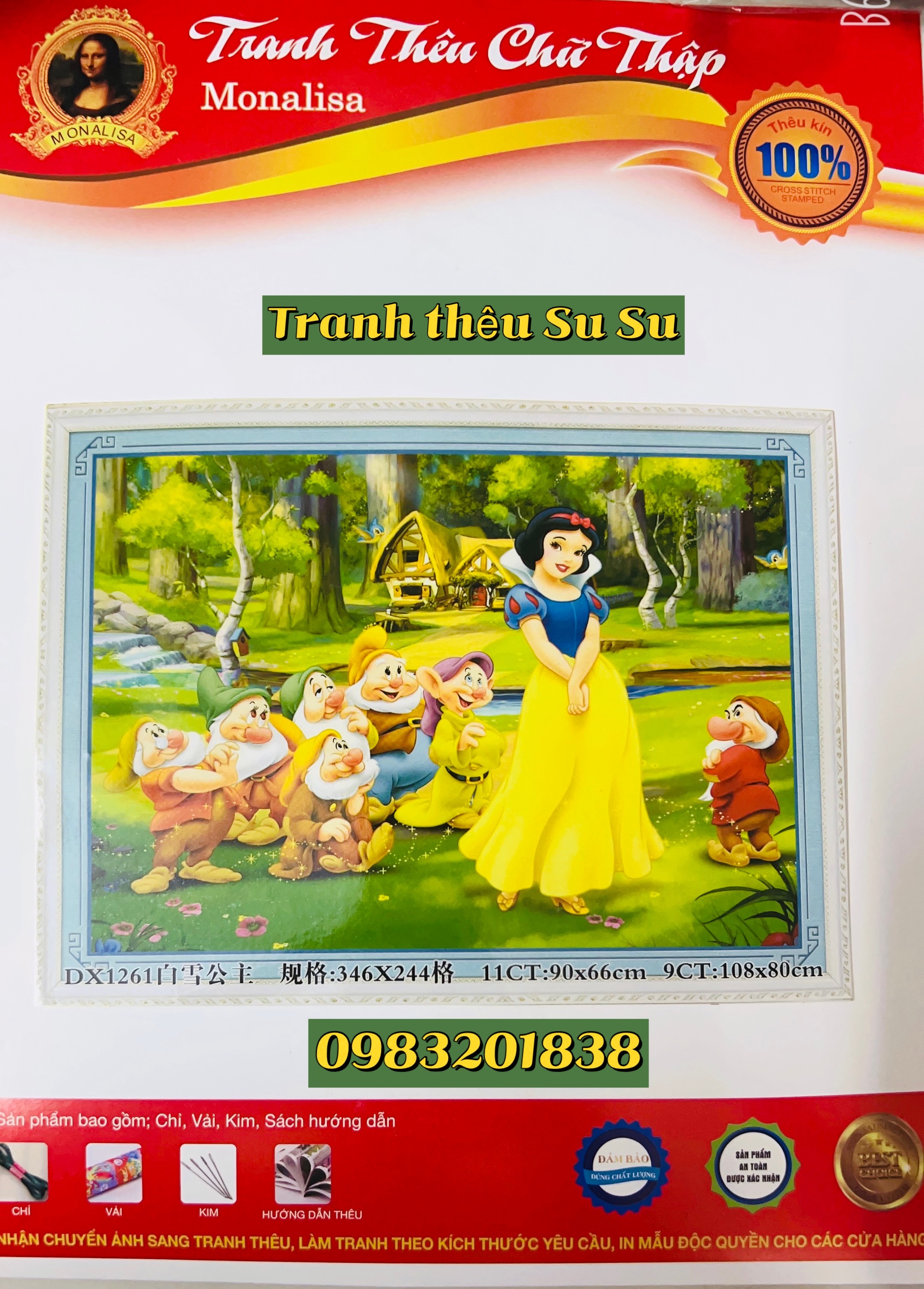 Tranh thêu kín Bạch tuyết và 7 chú lùn, kích thước 90 x 66 cm