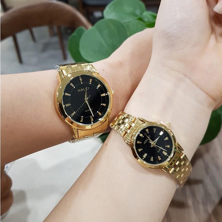 Đồng hồ đôi nam nữ Halei mặt trắng dây da kim loại chính hãng TonyWatch68