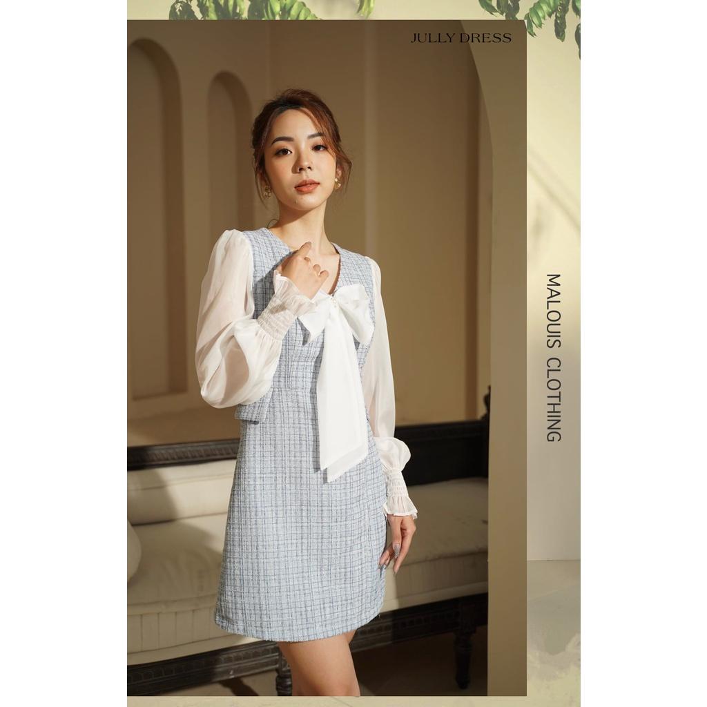 Váy dạ tweed phối voan tay dài bo chun, nơ trước ngực - M116