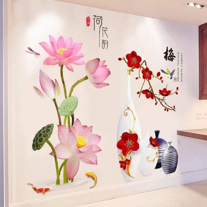DECAL DÁN TƯỜNG SEN HỒNG CÁ CHÉP VÀ BÌNH HOA PHONG THỦY 4