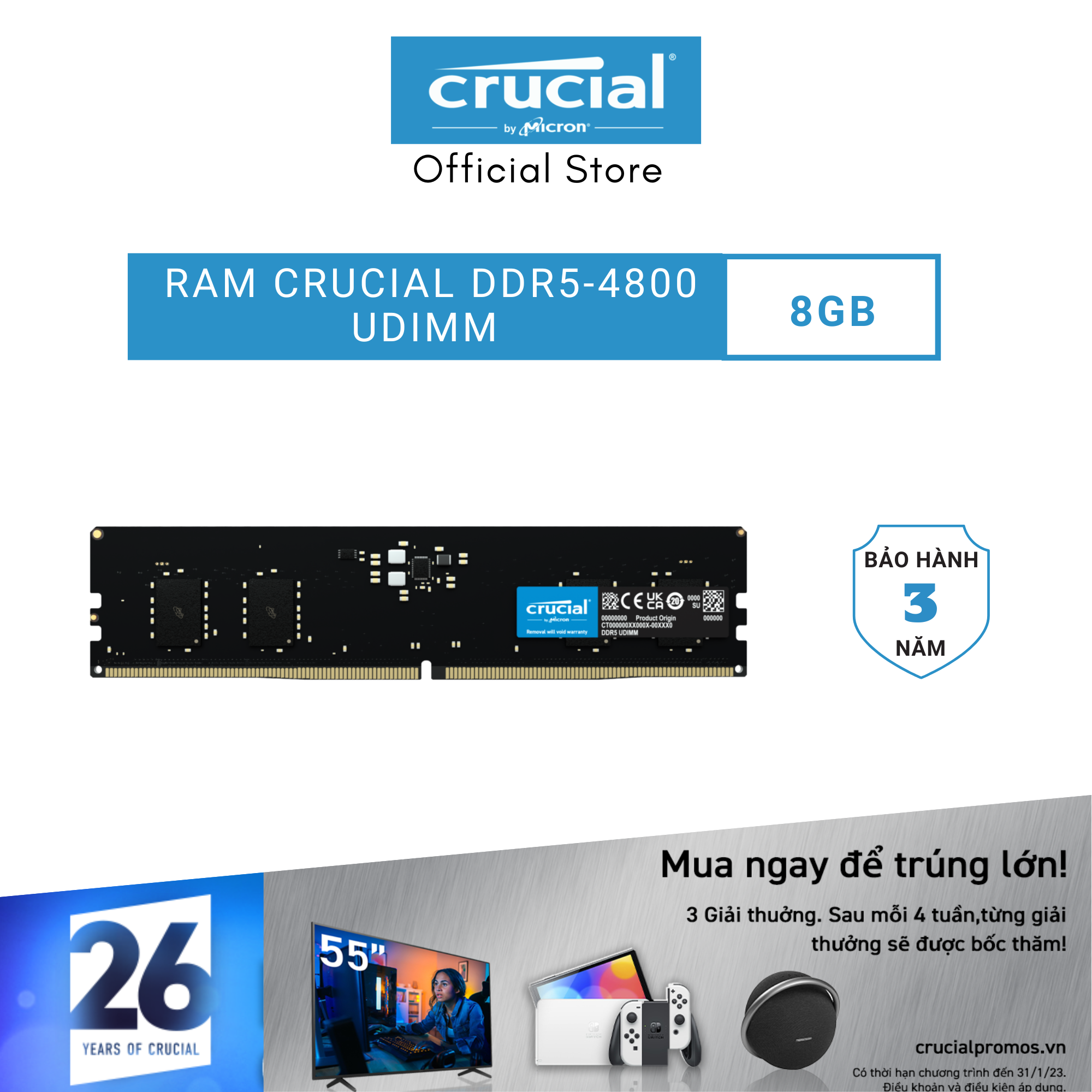 Ram PC Crucial DDR5 8GB Bus 4800 – CT8G48C40U5 - Hàng chính hãng