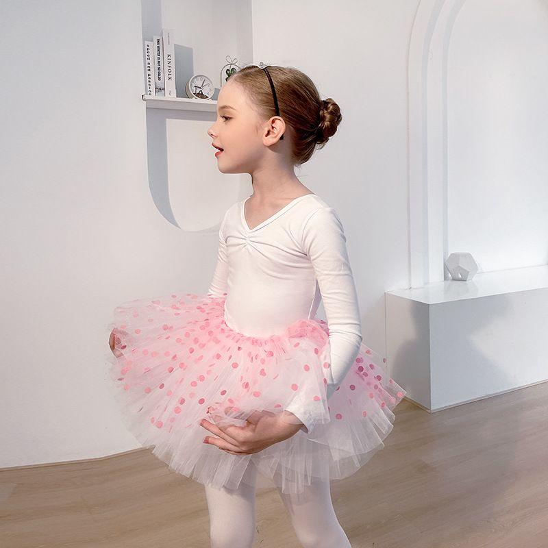 Đầm múa ballet cho bé gái - Mẫu áo trắng tay dài, váy chấm bi hồng