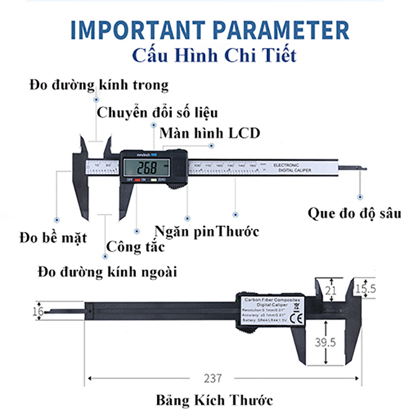 Thước cặp điện tử ABG cơ khí chính xác 150mm đo 2 hệ mét/inch tặng kèm hộp nhựa