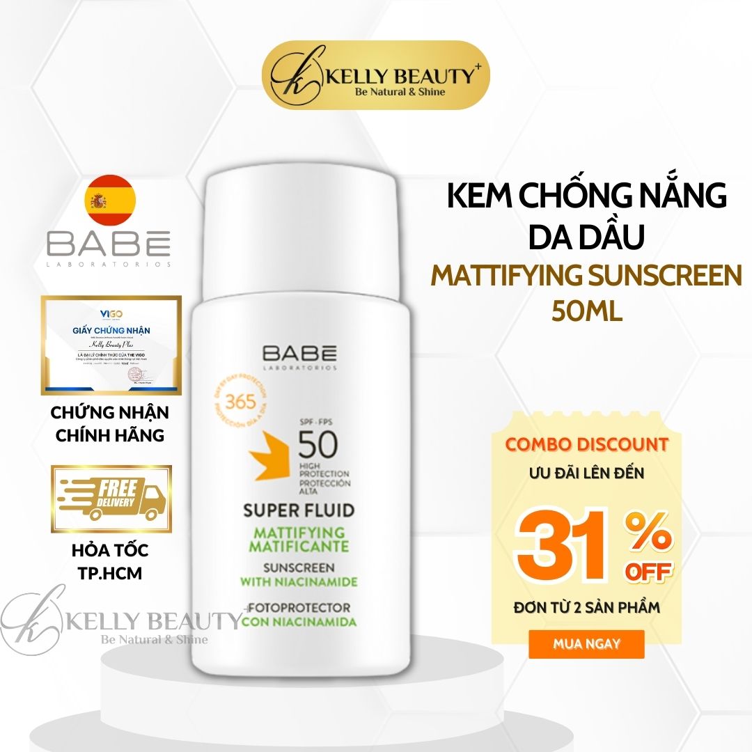 Kem Chống Nắng Kiềm Dầu BABE Super Fluid Mattifying Sunscreen SPF 50 | Kelly Beauty