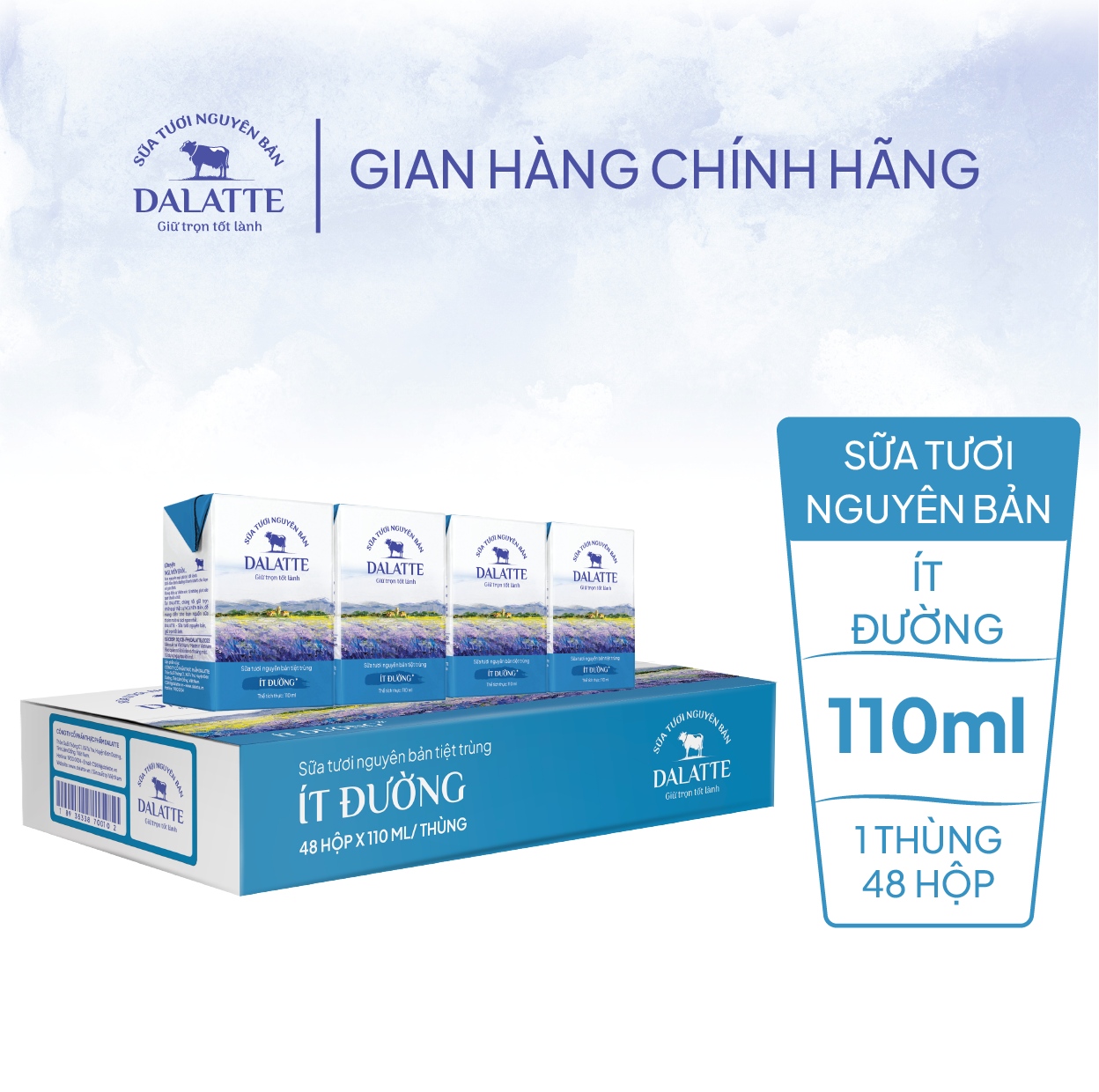Thùng 48 hộp DALATTE 110ml SỮA TƯƠI NGUYÊN BẢN tiệt trùng - Ít đường - 48 hộp - Giữ trọn nguyên bản, trao trọn tốt lành