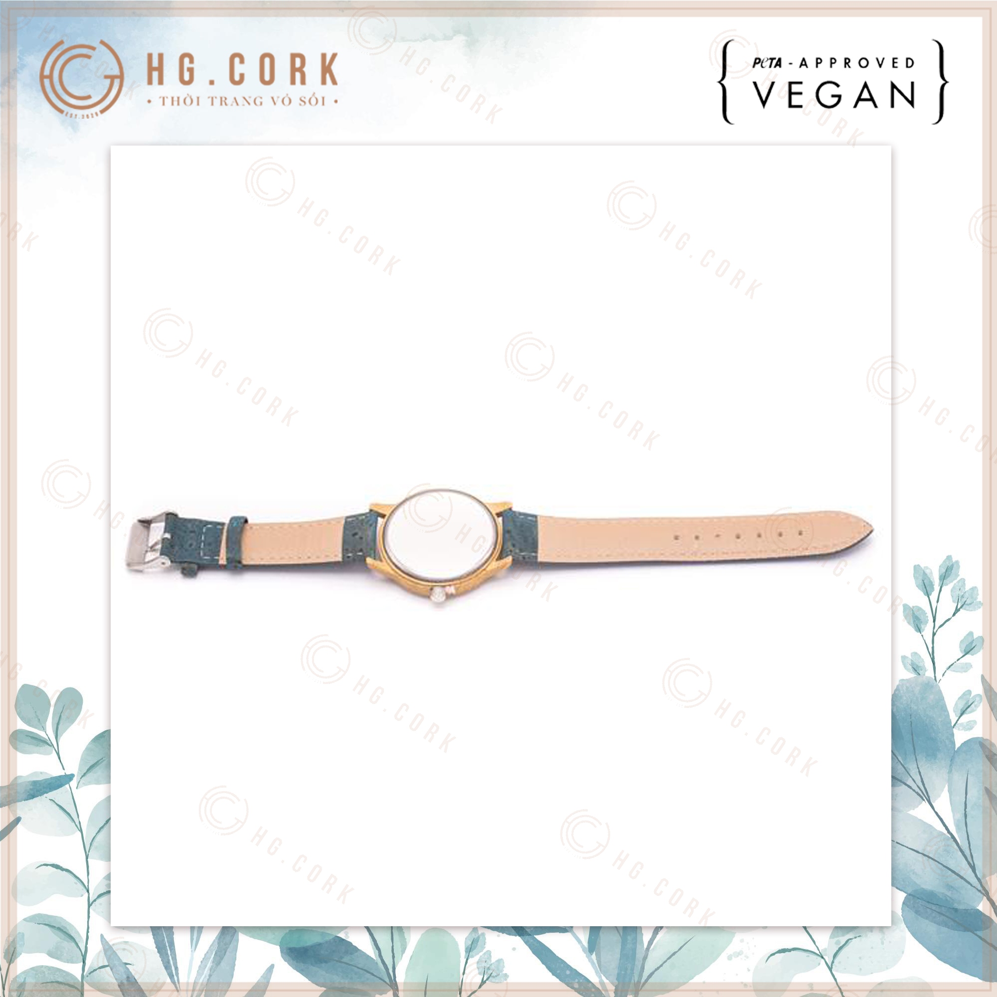 Đồng Hồ Nam Thời Trang Bồ Đào Nha Unisex - HGcork U8H Dây Đeo Bằng Da Thực Vật (Cork/Lie) Màu Xanh Ngọc Kèm Dây Màu Vàng Tự Nhiên