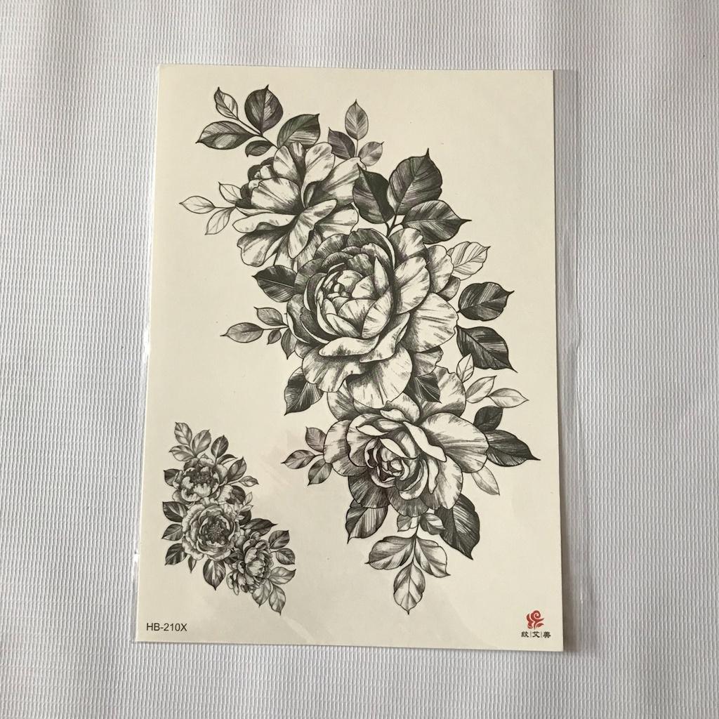 Hình xăm dán tattoo cao cấp hoa trắng đen 15x21cm- phù hợp các vị trí tay, chân, vai, ngực, bụng....