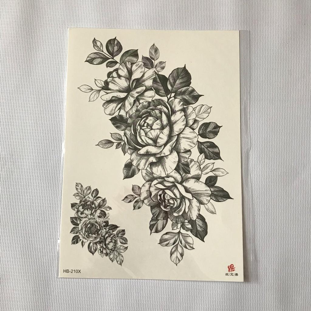 Hình xăm dán tattoo cao cấp hoa trắng đen 15x21cm- phù hợp các vị trí tay, chân, vai, ngực, bụng