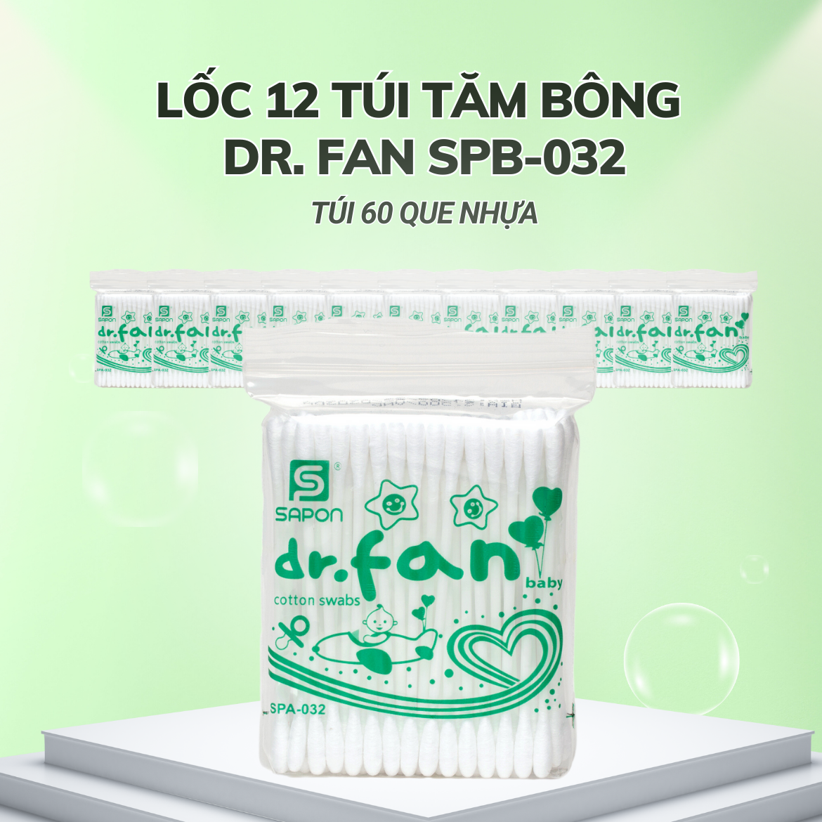 Lốc 12 túi Tăm bông Dr. Fan trẻ em thân nhựa túi 60 que SPB-032