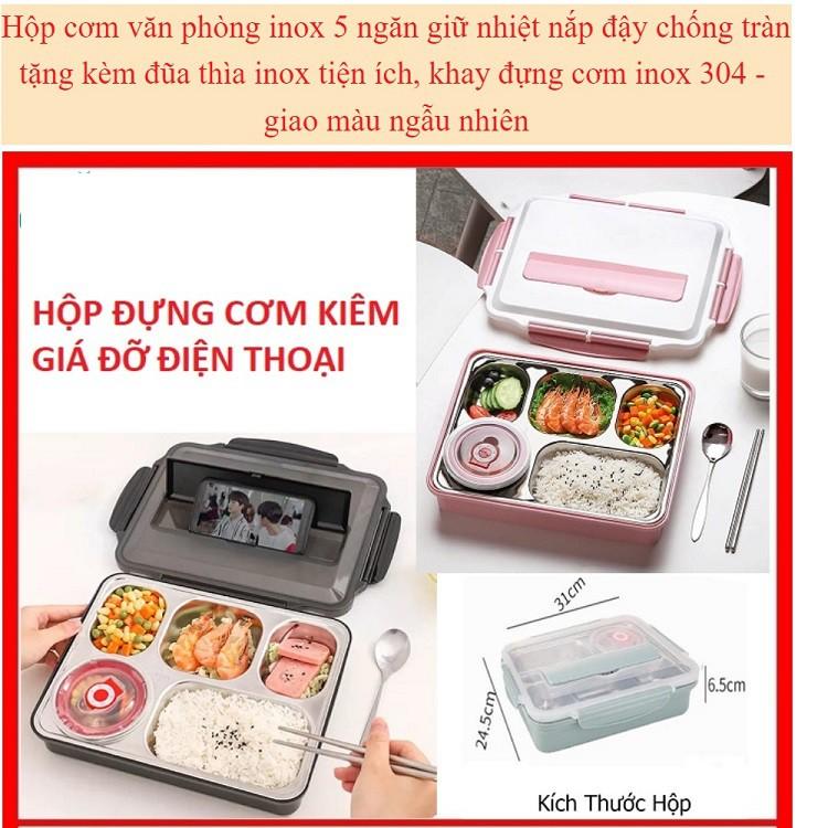 Hộp đựng cơm văn phòng 5 ngăn inox 304  giữ nhiệt có quai xách ( kèm thìa + đũa), có giá đỡ điện thoại đi kèm.