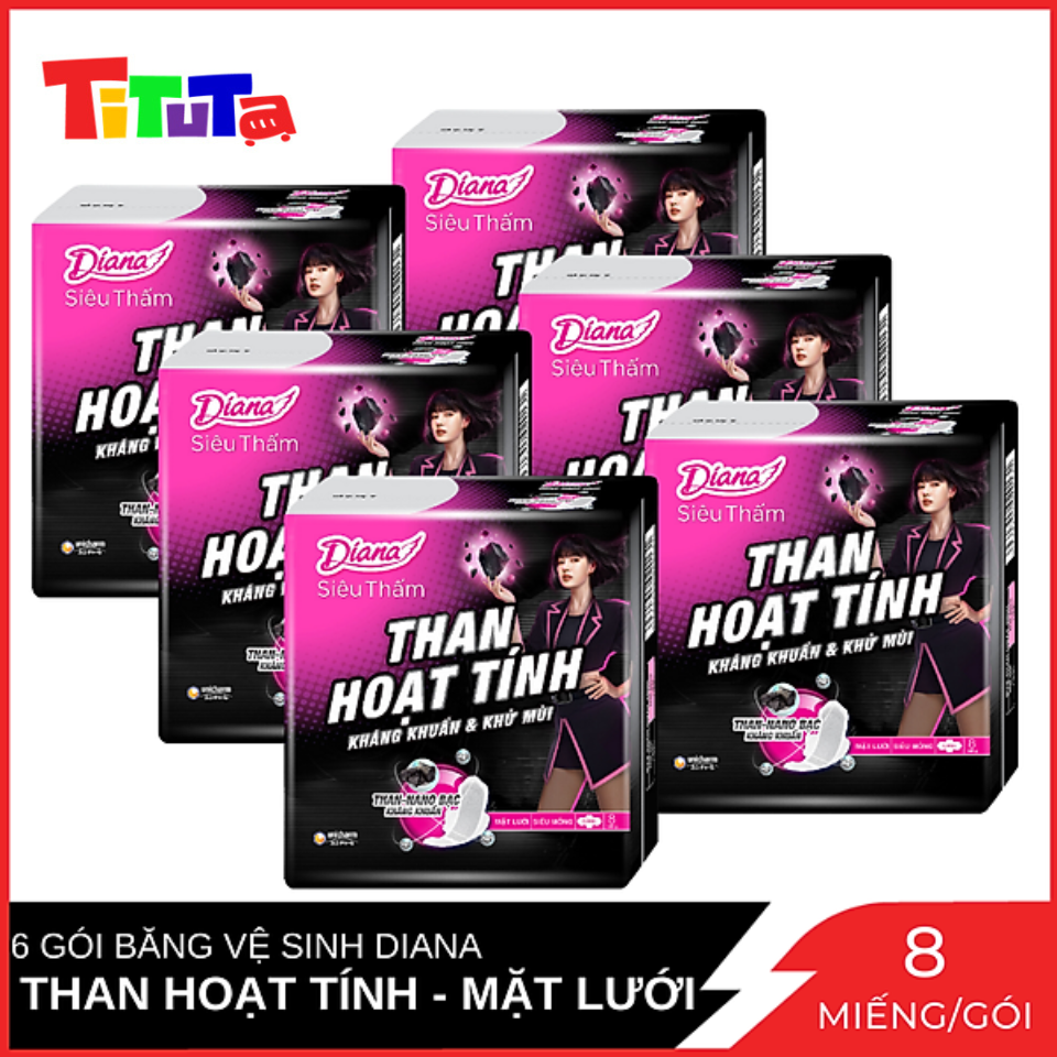 Combo 6 Gói Băng Vệ Sinh Diana Than Hoạt Tính mặt lưới siêu thấm siêu mỏng cánh Gói 8 miếng x6