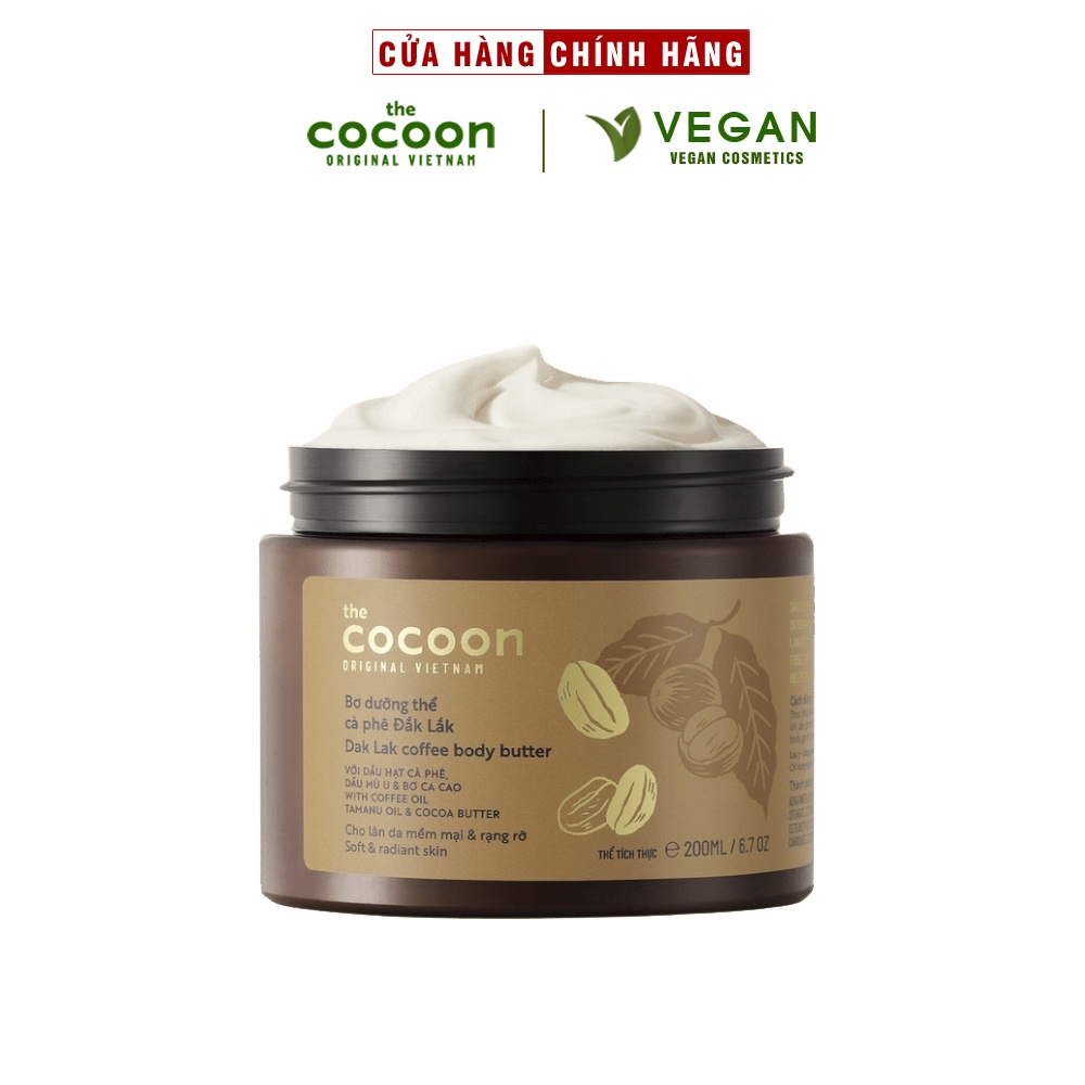 Bơ dưỡng thể cà phê Đắk Lắk Cocoon 200ml cho da mềm mại, rạng rỡ thuần chay