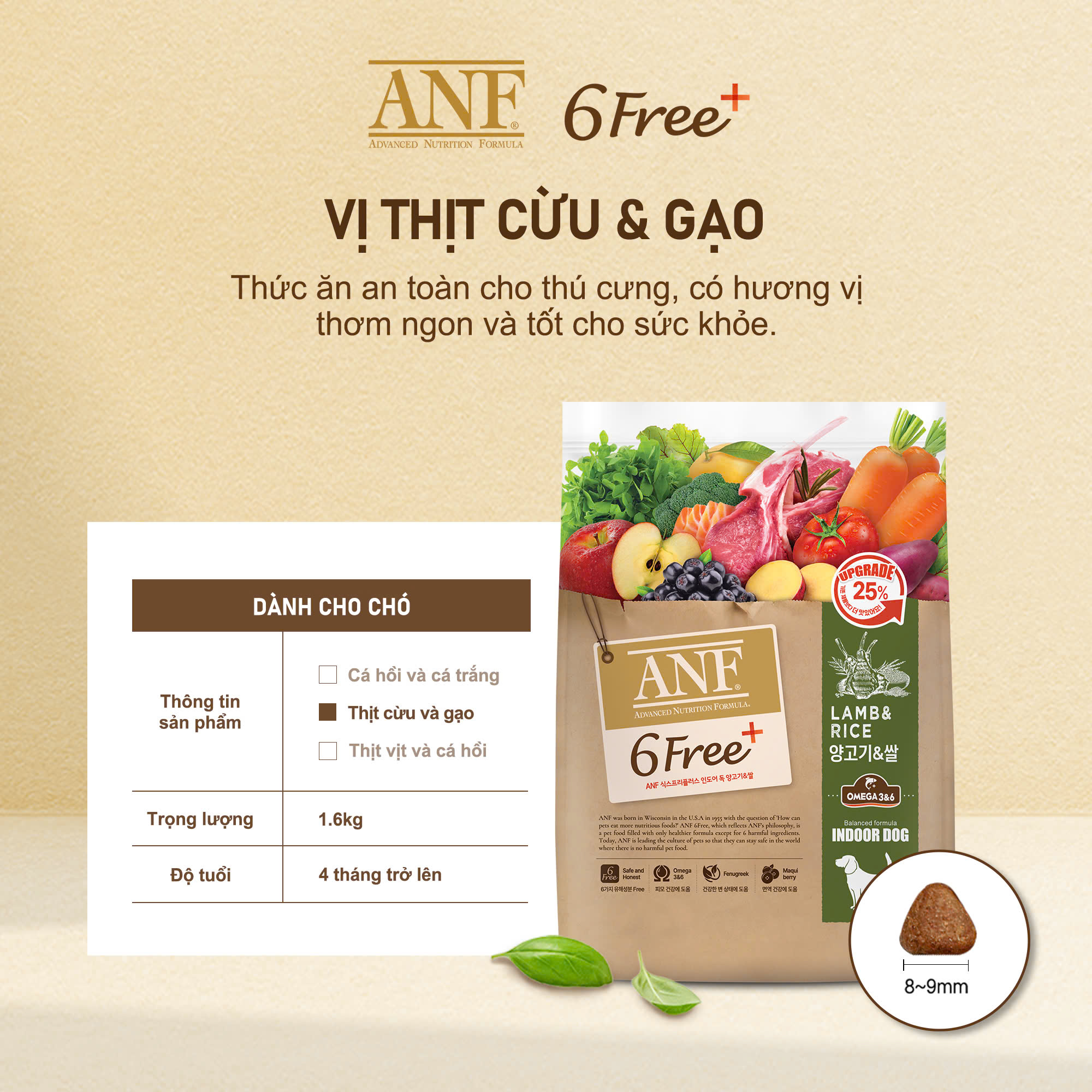 ANF 6Free+ thức ăn cao cấp dành cho chó - Vị CỪU &amp; GẠO 1.6Kg