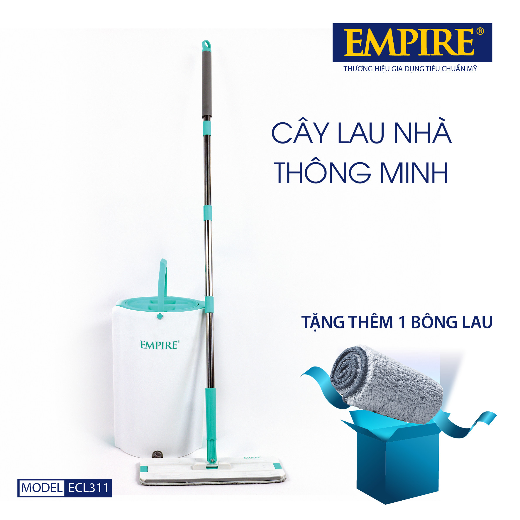 CÂY LAU NHÀ THÔNG MINH TỰ ĐỘNG VẮT, XOAY 360 ĐỘ EMPIRE 311 CAO CẤP. BỘ KÈM 02 BÔNG LAU, THÙNG LAU NHÀ, CÂY LAU NHÀ-Hàng chính hãng