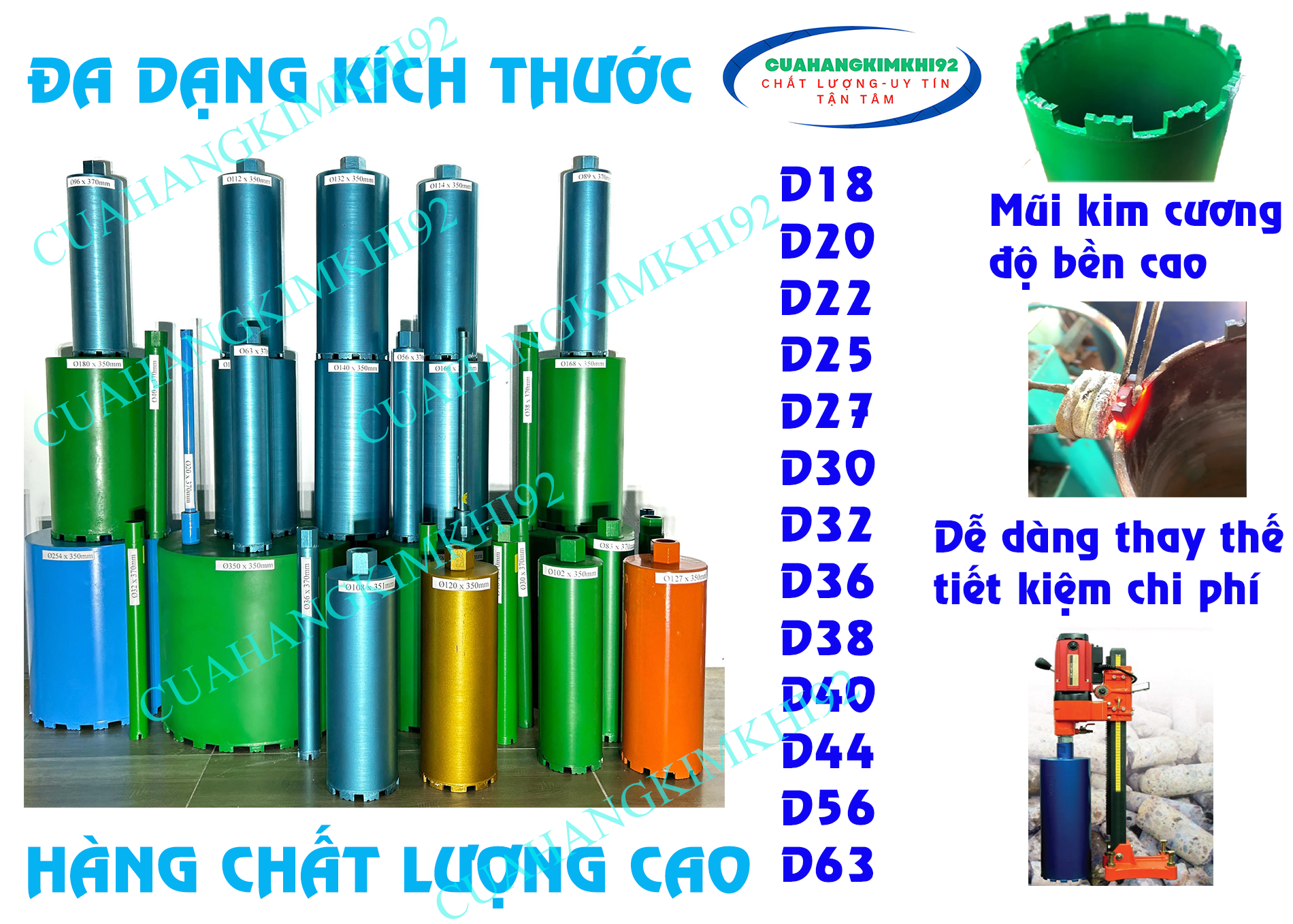 Mũi khoan rút lõi D18-D63mm mũi kim cương nhân tạo