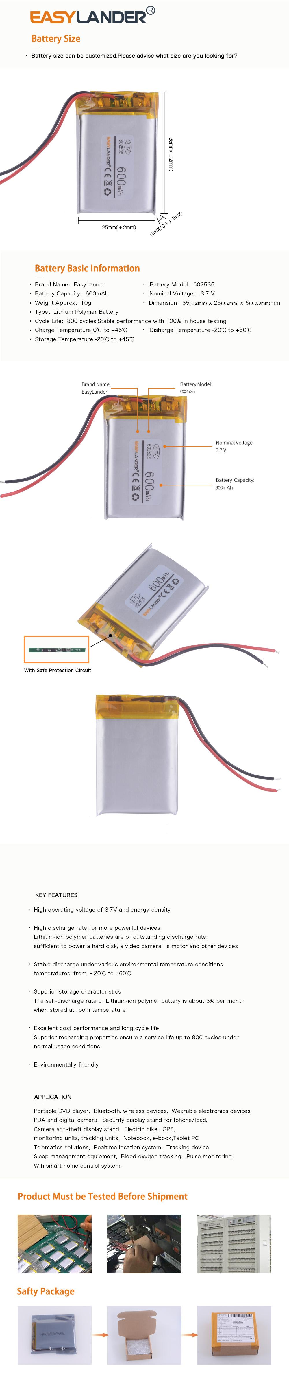 3.7V 600MAh 602535 Pin Sạc Li Polymer Cho MP3/MP4/Người Chơi Game Chuột GPS Loa 062535 DOD LS460W