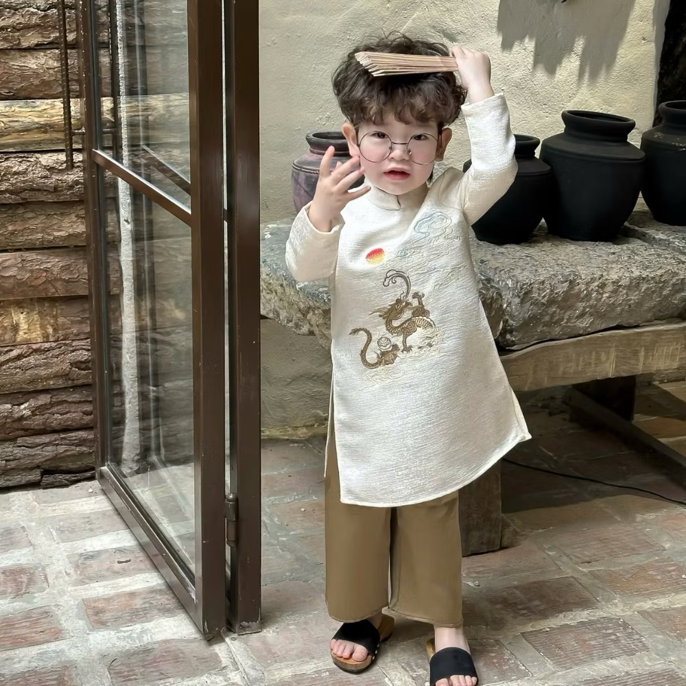 Set Quần Áo Dài Cách Tân Họa Tiết Vân Long 1-8 Tuổi Dành Cho Bé Trai