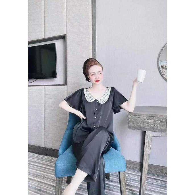 Đồ Ngủ Lụa Satin Quần Dài, Bộ mặc Nhà Cổ ren Tay Xòa Chất Vải Mát, Ít Nhăn Phom Thoải Mái, Dưới 58kg