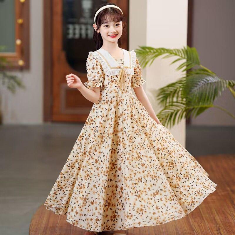 SHUANGYAN Cô gái lớn bé mùa hè váy bong bóng tay áo đầm cô gái nhỏ mùa hè phong cách phương Tây váy sinh viên ngọt ngào trên đầu gối hoa đầm dài